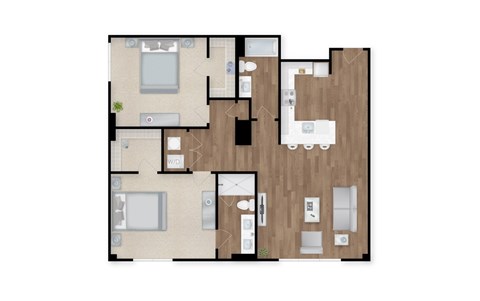 A floor plan of a house with a kitchen, living room, and two bedrooms.