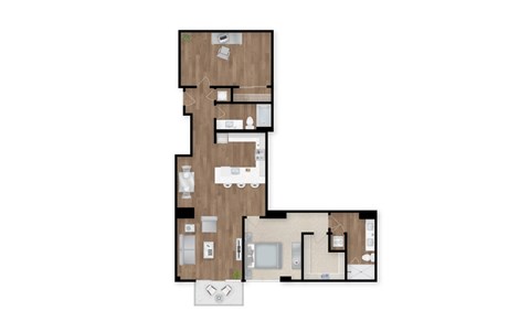 A floor plan of a house with a kitchen, living room, and two bedrooms.
