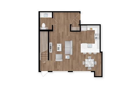 A floor plan of a house with a kitchen, living room, and two bedrooms.