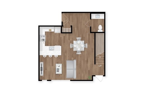 A floor plan of a house with a kitchen, living room, and two bedrooms.