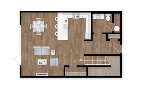 A floor plan of a house with a kitchen, living room, and dining area.