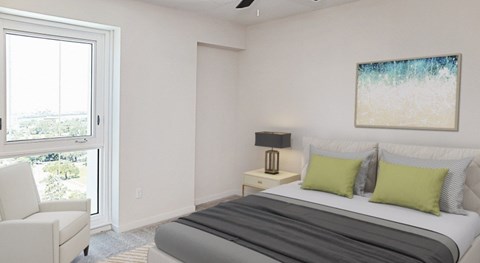 A bedroom with a bed, a chair, and a painting on the wall.