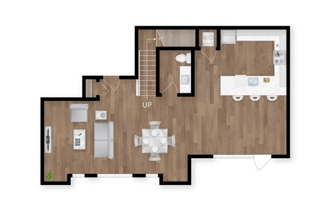 A floor plan of a house with a living room, dining room, kitchen, and bathrooms.