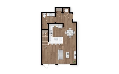 A floor plan of a house with a kitchen, living room, and two bedrooms.