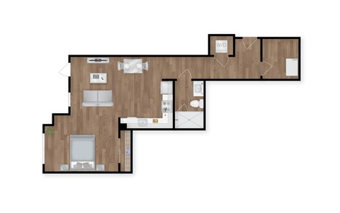 A floor plan of a house with a kitchen, living room, and two bedrooms.