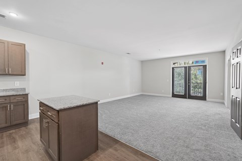 A kitchen area with a counter and cabinets.