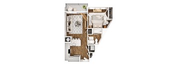 A top-down view of a modern, minimalist bedroom with a bed, nightstand, and a wall-mounted TV.