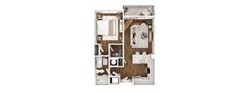 A floor plan of a small apartment with a kitchen, living room, and bathroom.