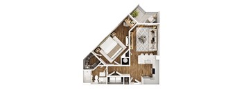 A top-down view of a house layout with a kitchen, living room, and bathroom.
