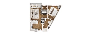 A top down view of a kitchen and living room.