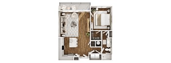 A top-down view of a modern, minimalist bathroom with a wooden floor and white fixtures.