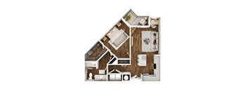 A top-down view of a house interior with a staircase, a bedroom, a living room, a kitchen, and a bathroom.