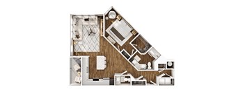 A cutaway view of a house showing the layout of the rooms.