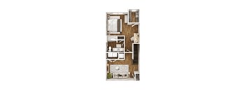 A top-down view of a small apartment layout with a kitchen, living room, and bathroom.