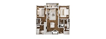 A top-down view of a well-organized apartment layout.