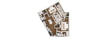 A top-down view of a house layout with a kitchen, living room, and bedrooms.