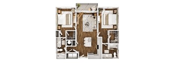 A top-down view of a house layout with a kitchen, living room, and bathroom.