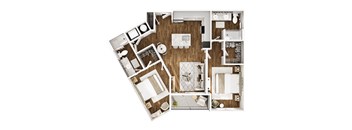 A top-down view of a house layout with a kitchen, living room, and bathroom.