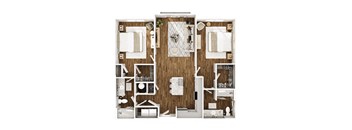 A top-down view of a house layout with a kitchen, living room, and bathroom.