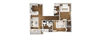 A floor plan of a small apartment with a kitchen, living room, and bathroom.