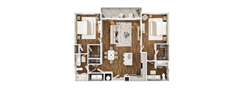 A top down view of a house layout with a kitchen, living room, and bathroom.