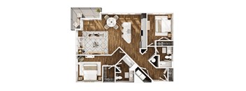 A top-down view of a house layout with a kitchen, living room, and bathrooms.