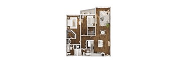 A floor plan of a small apartment with a kitchen, living room, and bathroom.