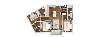A floor plan of a house with a kitchen, living room, and two bedrooms.