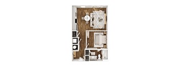A top-down view of a small, neatly organized apartment with a kitchen, living room, and bathroom.
