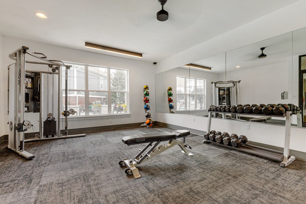 a workout room with weights and mirrors at the enclave at woodbridge apartments in sugar land,