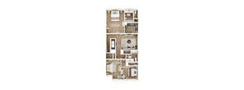A detailed 3D floor plan of a two-bedroom apartment.