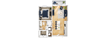 A floor plan of a small apartment with a living room, kitchen, and bathroom.
