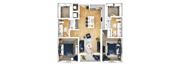 A top-down view of a living room, kitchen, and dining area with furniture and appliances.