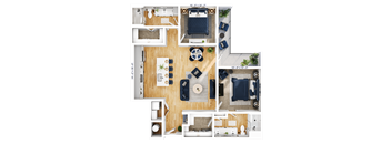 A top-down view of a living room, kitchen, and dining area layout.