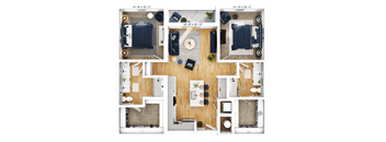 A floor plan of a house with a living room, kitchen, and two bedrooms.