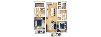 A floor plan of a house with a living room, dining room, kitchen, and two bedrooms.