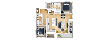 A top-down view of a living space with a kitchen, dining area, and bedrooms.