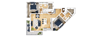 A detailed floor plan of a house showing the layout of the rooms and furniture.