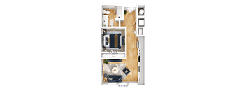 A floor plan of a small apartment with a living room, kitchen, and bathroom.