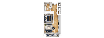 A floor plan of a small apartment with a living room, kitchen, and bathroom.