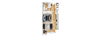 A floor plan of a small apartment with a living room, kitchen, and bathroom.