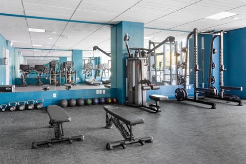 a fitness center with a variety of equipment