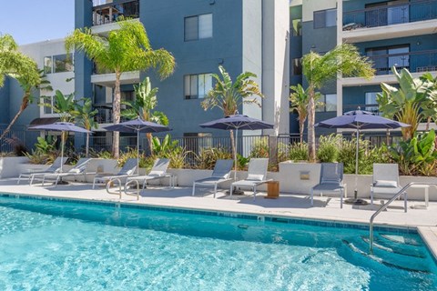 a pool with a building behind it