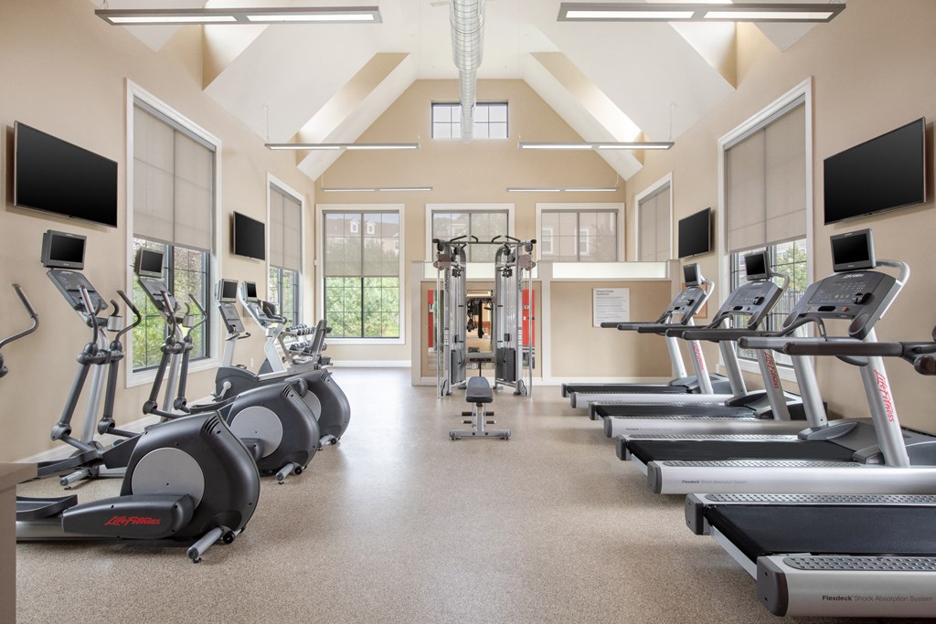 a large fitness room with treadmills and other exercise equipment