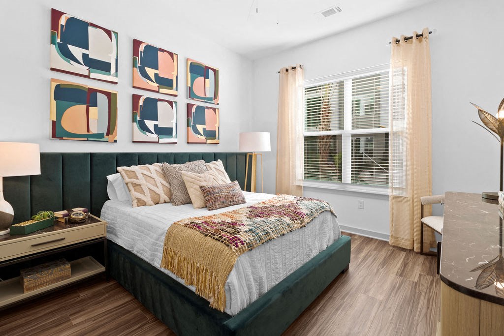 bedroom with blue and yellow bed