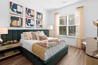 bedroom with blue and yellow bed