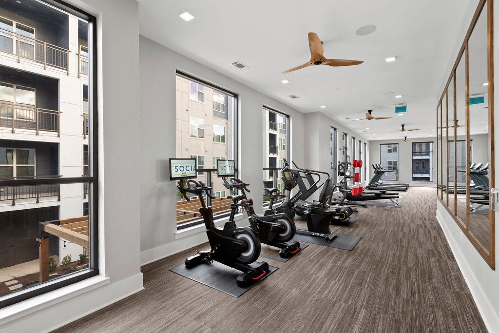 Bikes in Fitness Center with View of Courtyard