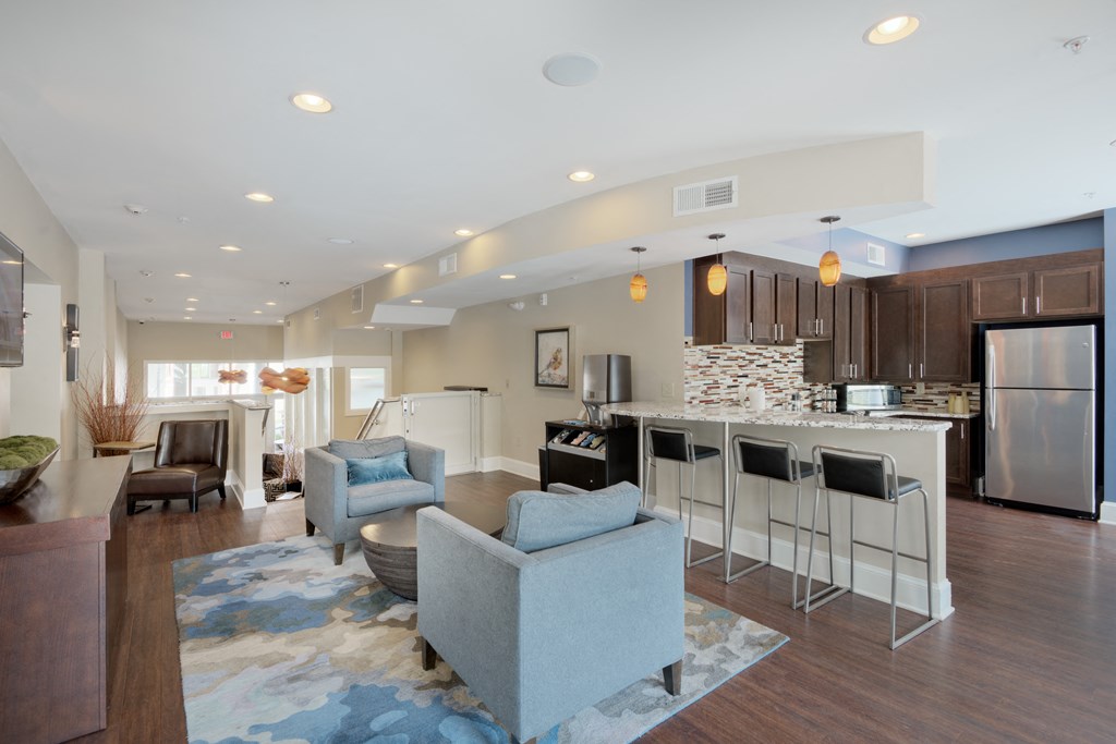 a living room and kitchen with a bar and couches