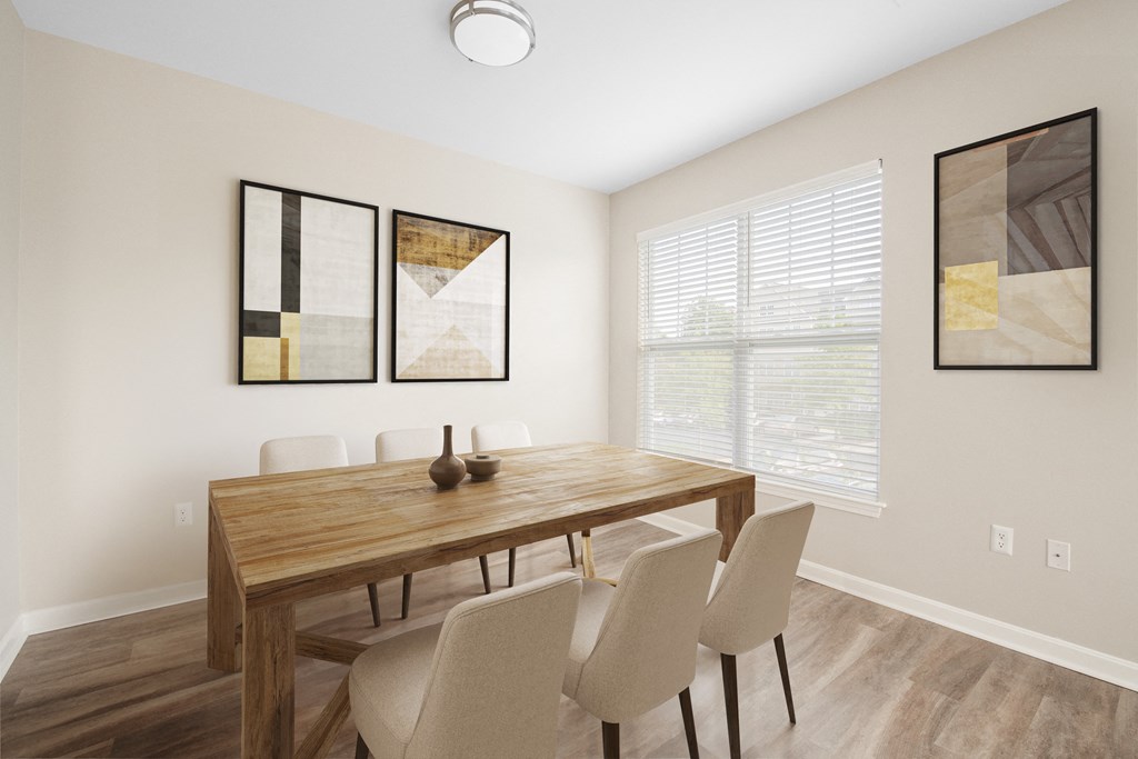 a dining room with a wooden table and white chairs