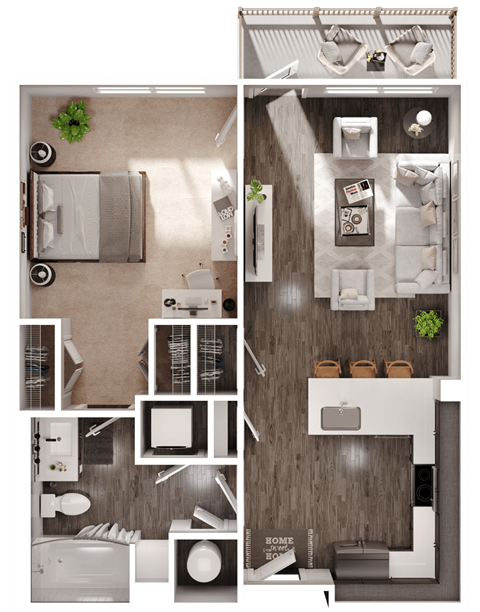 a 3D floorplan of a one bedroom floorplan